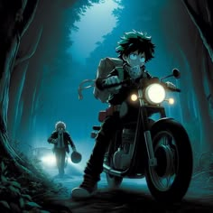 a man riding on the back of a motorcycle next to a person in a forest