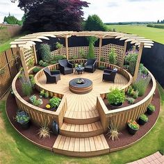 a circular wooden deck surrounded by plants and seating on top of the grass covered ground