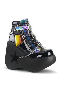 DYNAMITE-101 Black Hologram Patent Ankle Boot-Ankle Boots-Demonia-Black-11-Hologram Patent-SEXYSHOES.COM Alternative Shoes, Boot Chains, Gothic Boots, Demonia Shoes, Magic Mirror, Wedge Ankle Boots, Platform Ankle Boots, Lace Up Ankle Boots, Platform Wedge