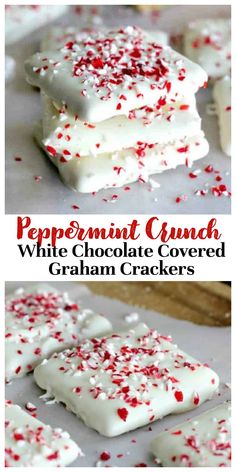 white chocolate covered graham crackers with peppermint crumbs on top and bottom