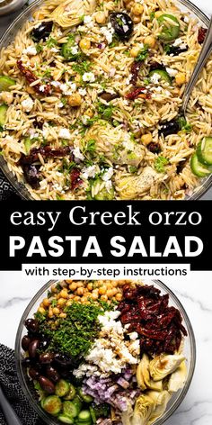 pasta salad with step by step instructions in one bowl and an easy greek orzo