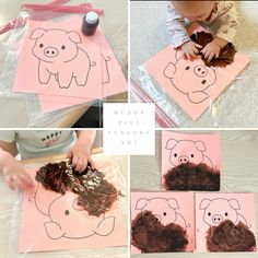 the process of making piggy's nose art for toddlers is shown here