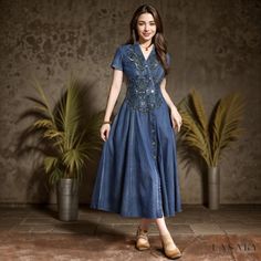 Lasaky - Vintage Embroidered Denim Maxi Dress with Open Collar and Cinched Waist Embroidered Fitted Denim Dress, Embroidered Denim Blue Dress, Fitted Embroidered Denim Dress, Casual Embroidered Fitted Denim Dress, Casual Fitted Embroidered Denim Dress, Casual Embroidered Denim Dress, Floral Embroidered Fitted Denim Dress, Fitted Floral Embroidery Denim Dress, Embroidered Denim Dress For Spring