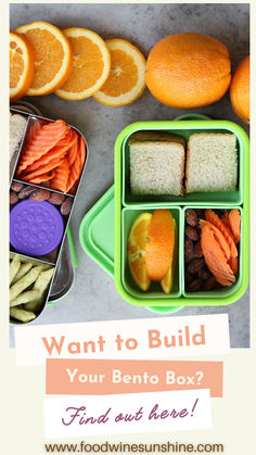 an image of lunch box with oranges and other foods in it that says, want to build your bento box? find out here