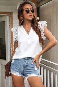 Summer V-neck Lace Sleeve Solid Color Short Sleeve Chiffon Shirt for Women - White,L Tight Long Sleeve Dress, Tops For Women Casual, Perfect Blouse, Short Sleeve Shirt Women, Casual Cap, Womens Tops Summer, Chiffon Shirt, Knit Mini Dress, Chiffon Blouse