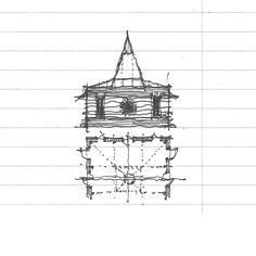 a drawing of a tower with a clock on it's side and an arrow pointing up at the top