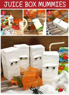 the instructions for how to make juice box mummies with paper towels and pumpkins