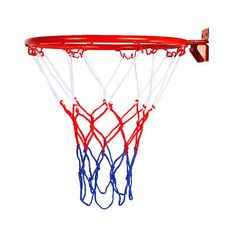 a red and white basketball hoop with blue strings attached to the backboard against a white background