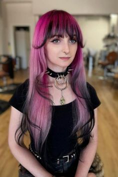 Pink Hair With Smoky Tips Dark Pink To Light Pink Hair, Black Hair With Purple Chunky Highlights, Gothic Hair Color Ideas, Dark Ends Hair, Pink Hair Black Tips, Fun Dark Hair Color Ideas, Pink Hair With Black Tips, Pink And Black Hairstyles, Dark Hair With Pink Highlights