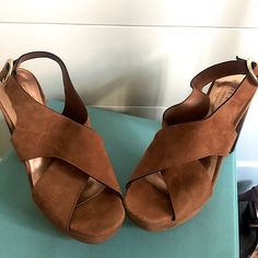 Worn Once! Like New. Ted Baker London Makes Shoes With The Softest Leather, And These Suede Sandals Are No Exception. Your Feet Will Be Happy. The Ombr Wood Heel Makes These Unique. Definitely Summer Vibe ~ Bohemian Chic ~ Flower Child. Size Eu 39, Would Fit Us Size 8-9. Brown Closed Toe Sandals For Work, Brown Closed Toe Sandals For Office, Elegant Brown Wedge Sandals With Heel Loop, Brown Open Toe Sandals For Work, Chic Brown Sandals For Workwear, Brown Open Heel Sandals For Work, Brown Suede-lined Heels For Spring, Brown Suede Lined Heels For Spring, Brown Suede Sandals With Wrapped Heel