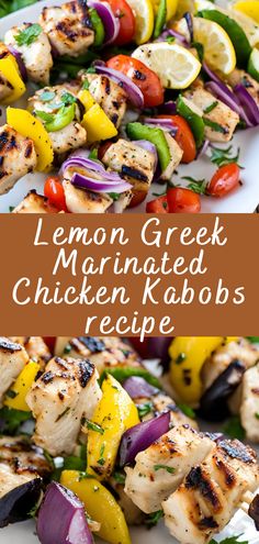 lemon greek marinated chicken kabobs on a white plate with red onions and peppers