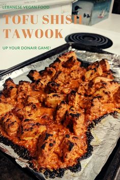 an image of tofu shish tawok on the grill with text overlay