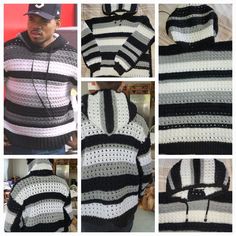 several pictures of a man wearing a black and white crochet sweater with hoodie