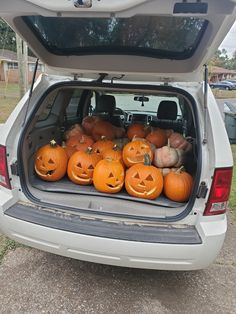 pumpkins are sitting in the trunk of a car