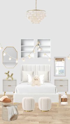 a bedroom with white furniture and gold accents