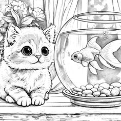 a black and white drawing of a cat next to a fish bowl with goldfish in it