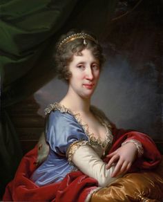 a painting of a woman in a blue and red dress with her arms folded over her chest