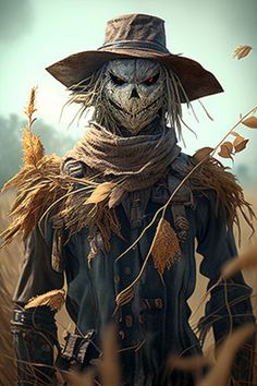 a scarecrow in a hat and scarf walking through a field with dead grass on the ground