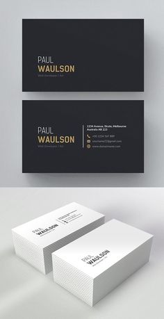 two business cards with gold foil on the front and back, both in black and white