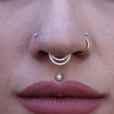 a woman's nose is adorned with gold and diamond jewelry, including a nose ring