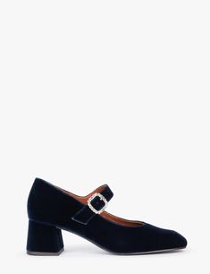 Mid Mary Jane Diamante Velvet Shoe - Navy |Womens Shoe| Penelope Chilvers Velvet Shoe, Penelope Chilvers, Velvet Sandals, Luxury Boots, Designer Footwear, Velvet Slippers, Womens Shoe, Velvet Boots, Velvet Shoes