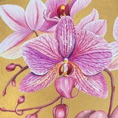 a painting of pink orchids on a yellow background