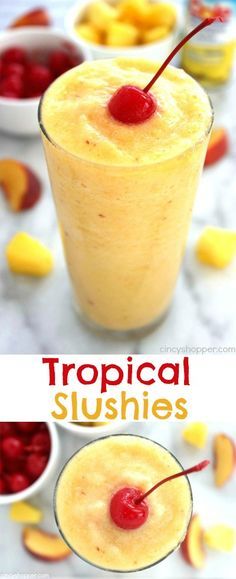 tropical slushies with cherries and pineapples in the background