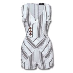 Elegant Casual Slim V-Neck Sleeveless Striped Buttoned Romper Made of high-quality fabric. Lightweight, soft, cozy, skin-friendly, breathable, and comfortable to wear in spring and fall. So Cute and Flattering!! Perfect for the Beach. Fashion romper for women plunges neck, one-piece, wrap style, elastic waist, loose fit, solid color, casual wear suitable for daily, club, party, beach, date, street, office, school, holiday, vacation, and any special occasions. Specifications: Material: COTTON Mat Summer Jumpsuit Casual, Jumpsuit Elegant, Jumpsuit Summer, Elegant Casual, Sleeveless Rompers, Trend Fashion, Short Jumpsuit, Rompers Women, Trousers Women