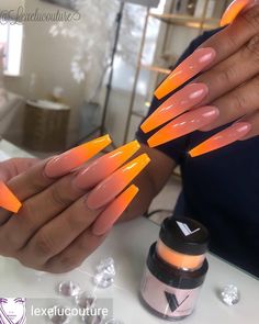 Shop "Valentino Acrylics" WWW.VERONIQUESSHOP.COM @Regran_ed from @lexelucouture - Started this combo color in February and still loving… Orange Ombre Nails, Orange Acrylic Nails, Ombre Acrylic Nails, Orange Ombre, Ballerina Nails, Orange Nails, Fire Nails, Pretty Acrylic Nails