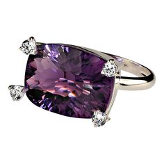 This is part of Chairish’s Fine Jewelry assortment.  Contemporary ring of special cut Amethyst that has amazing sparkle and four highly set scintallating white zircons.  The zircons cover each corner of the east-west set rectangular amethyst, 13.70ct. The zircons are 0.60ct. The ring is sterling silver. No changes by seller. Sizable 8. Your local jeweler can make changes if necessary. Contemporary Ring, Zircon Ring, East West, Amethyst Ring, Cocktail Rings, Gemstone Jewelry, Amethyst, Ring Size, Fine Jewelry