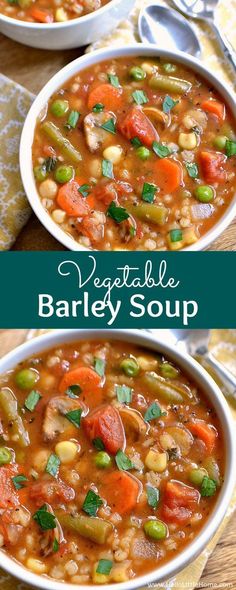 three bowls filled with vegetable barley soup on top of a wooden table