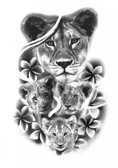 a black and white photo of three lions with clovers around their neck, in front of