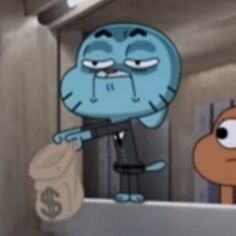 an animated character holding a money bag in front of another cartoon character on a computer screen