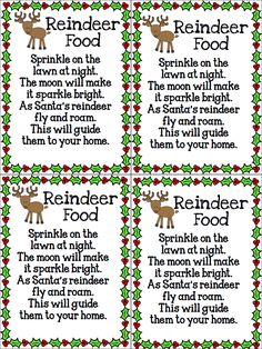 reindeer food labels with words on them for the holiday season and christmas tree decorations in red, green and white