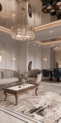 an elegant living room with chandeliers and couches