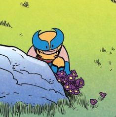 a cartoon character sitting on top of a rock in the grass next to purple flowers