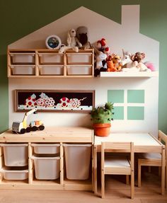 a child's play room with toys on the shelves