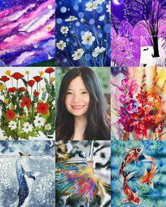 a collage of images with flowers, plants and animals on them in different colors