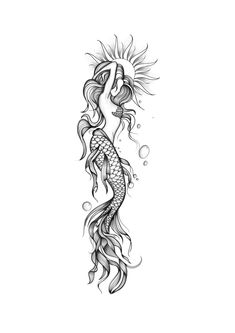 a black and white drawing of a mermaid with sunflowers on her head in the water