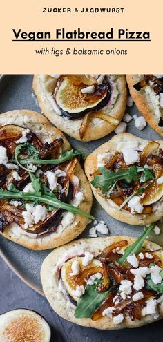 vegan flatbread pizza with figs and balsamic condiments on a plate