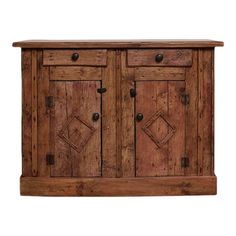 a wooden cabinet with two doors and three drawers