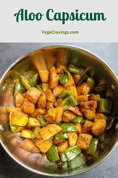 a metal bowl filled with green and yellow vegetables next to the words alo capsicum