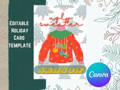 a card with an ugly sweater and christmas decorations