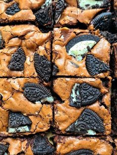 cookies and oreo cookie bars are stacked on top of each other with chocolate chips