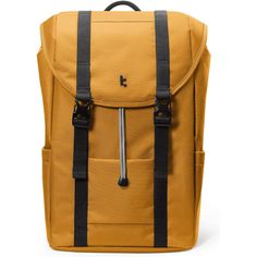 a yellow backpack with black straps on the front and side pockets, sitting against a white background