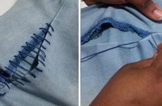 two pictures of someone using scissors to cut out the back of a t - shirt