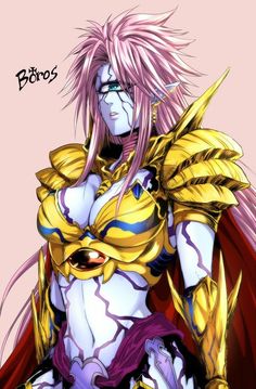 an anime character with pink hair and gold armor