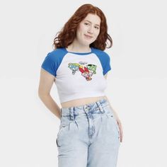 Women’s Powerpuff Girls Baby Tee Crop Top T-Shirt New Y2k Style 90s Style Blue Tops For Spring, Y2k Short Sleeve Blue Top, Y2k Blue Short Sleeve Top, Blue Y2k Short Sleeve Top, Blue Y2k Style Short Sleeve Top, Y2k Style Blue Short Sleeve Tops, Blue Y2k Crop Top For Streetwear, Playful Short Sleeve Tops For Streetwear, 90s Inspired Blue Cotton Top