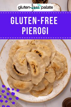 gluten - free pierogi on a white plate with blue dots