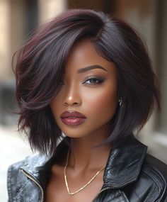 Deep Burgundy Bob for Light Skin Black Women Bob Hair Black Women, Wavy Bob Hairstyles For Black Women, Dark Bob Hairstyles, Red Hair Short Hair, Burgundy Bob, Hair Color For Brown Skin, Dark Red Hair, Sassy Hair